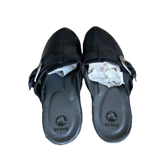Crocs Black Leather Cobbler Buckle Slip On Clogs Mules Women’s Size 9 - Picture 6 of 9